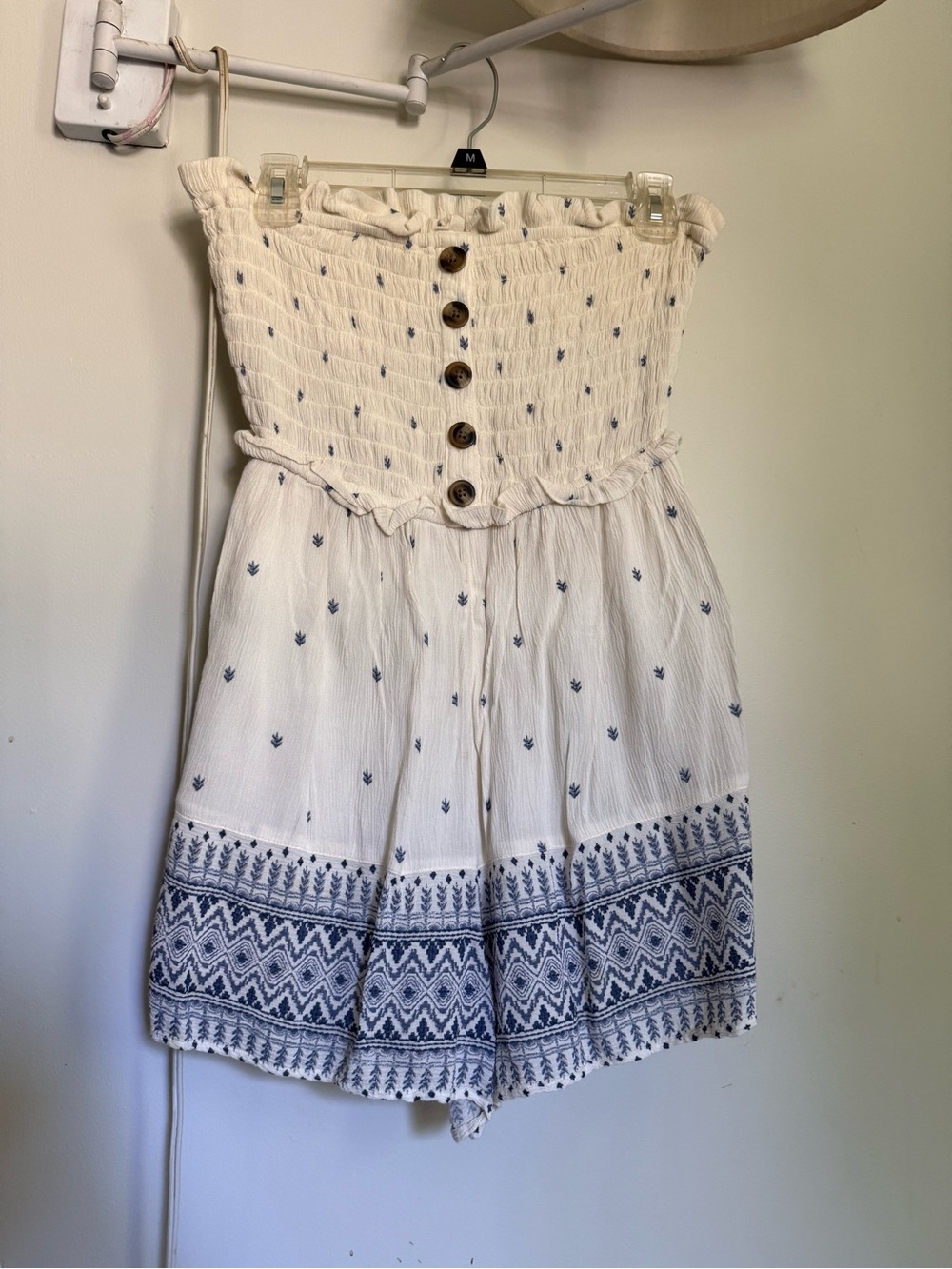 American Eagle Outfitters Cream Strapless Romper with Blue Border Print